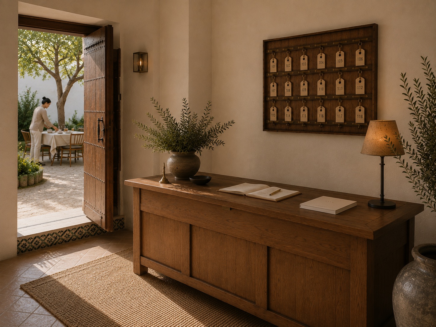 Oak host desk beneath a board of eighteen room keys, with a host setting the breakfast table through the open courtyard door