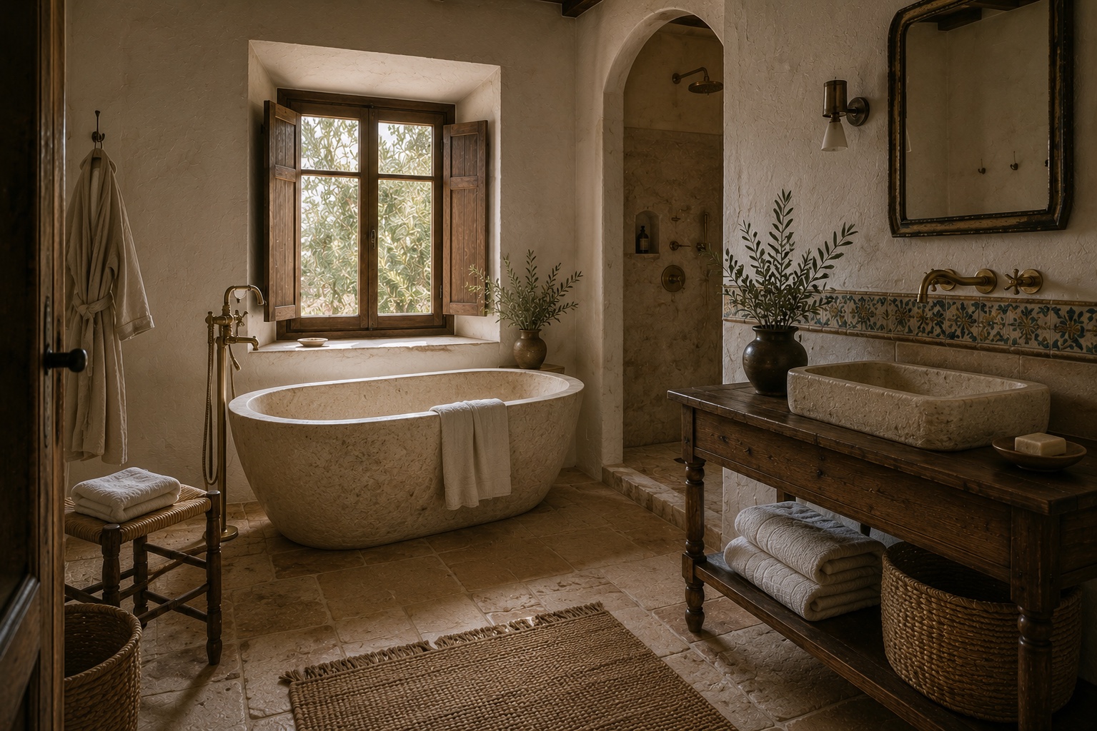 Hand-carved limestone bath, antique washstand, brass fittings, and an arched stone shower