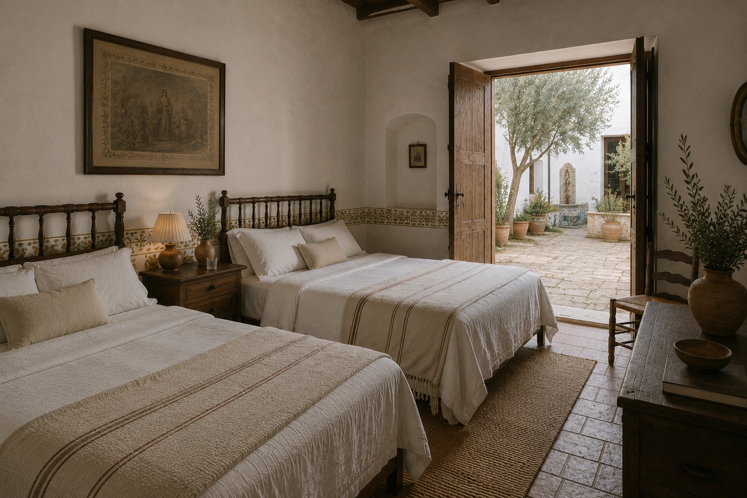 Twin antique beds in a shaded family room opening directly onto the tiled courtyard