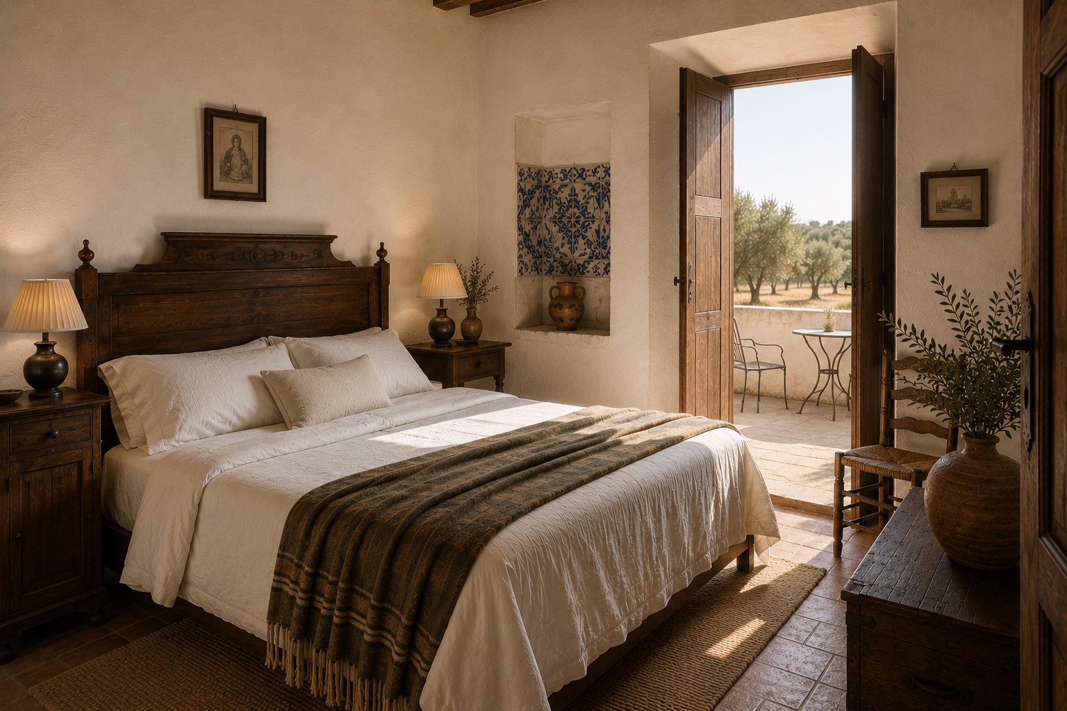 Antique carved bed in a limewashed room opening to a private terrace and the eastern olive grove