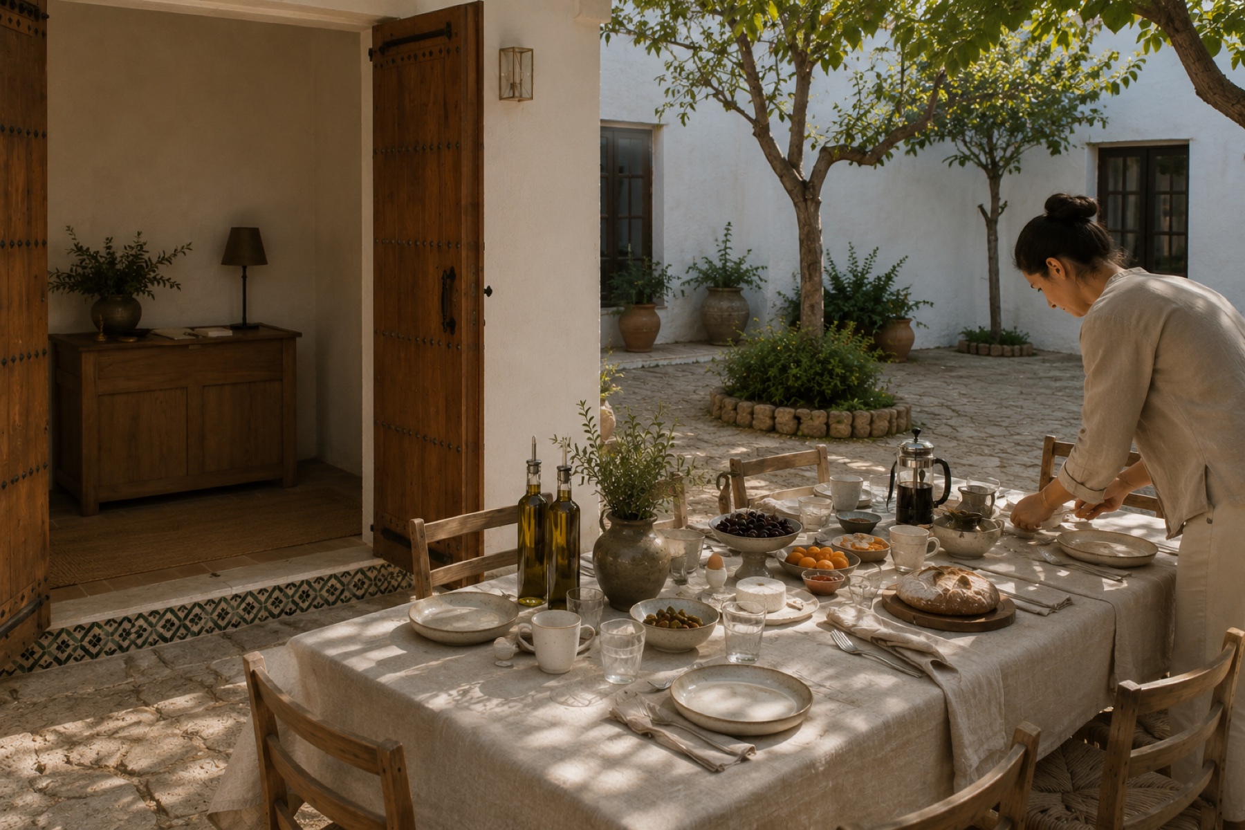 Host arranging a generous breakfast table in the shaded courtyard