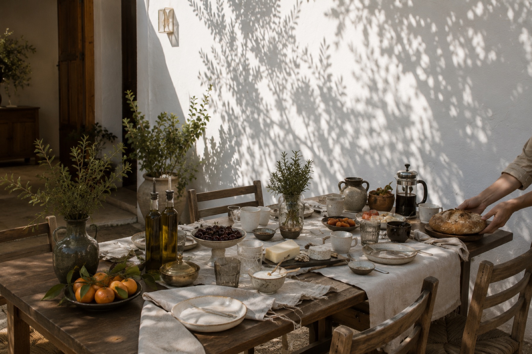 Hands placing a loaf among ceramics, fruit, olive oil, and linen