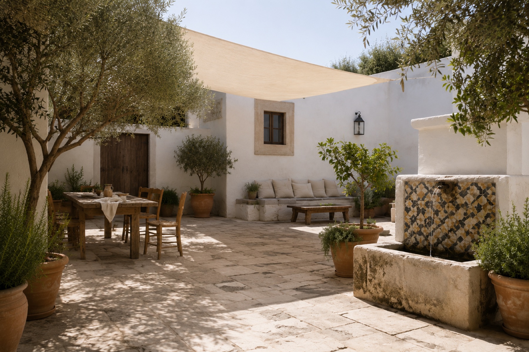 Wide view of the whitewashed courtyard with fountain, olive trees, table, and shade sail