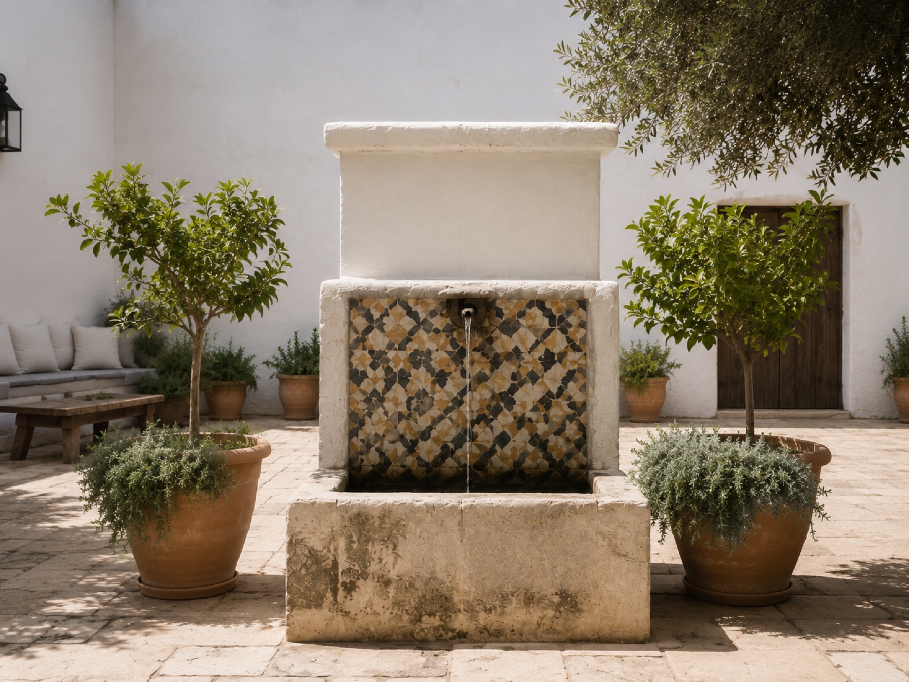 Weathered courtyard fountain with restrained geometric tile