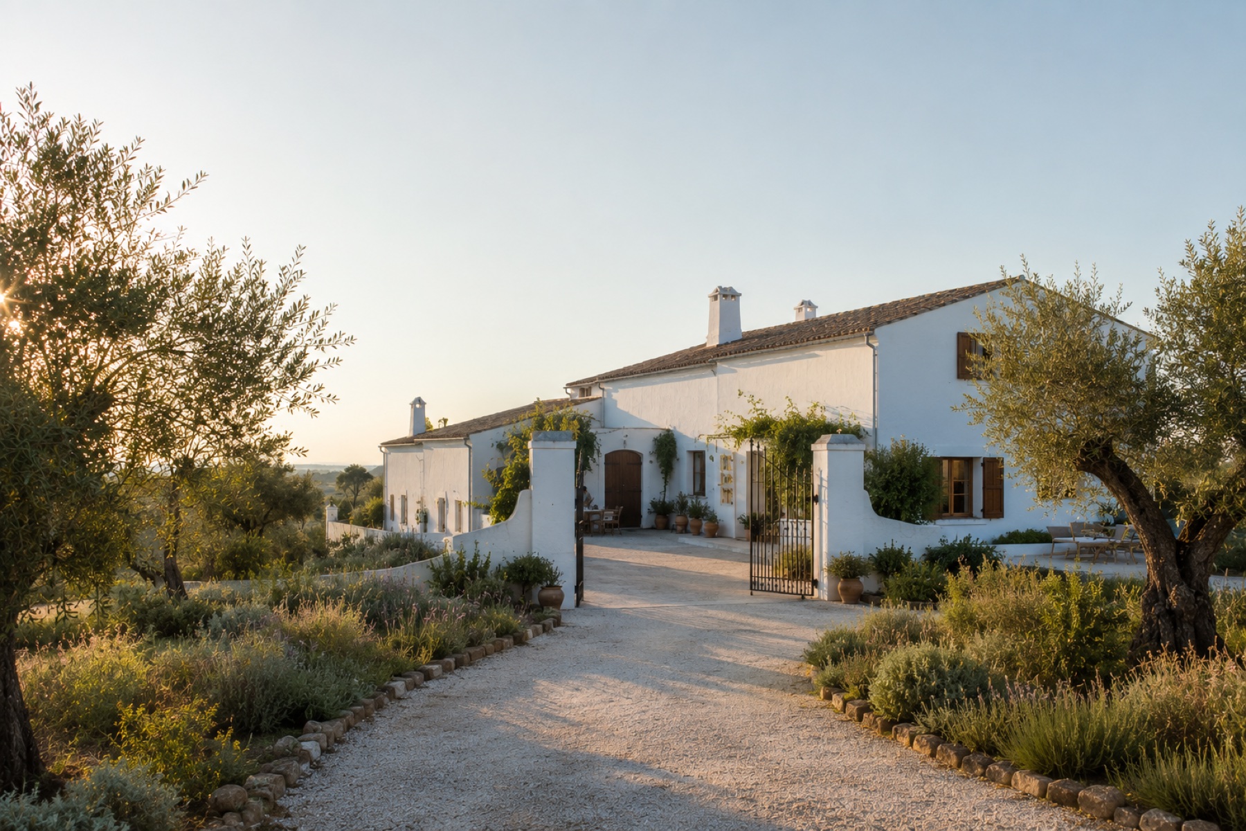 Whitewashed Alentejo house beyond an open gate and mature olive trees