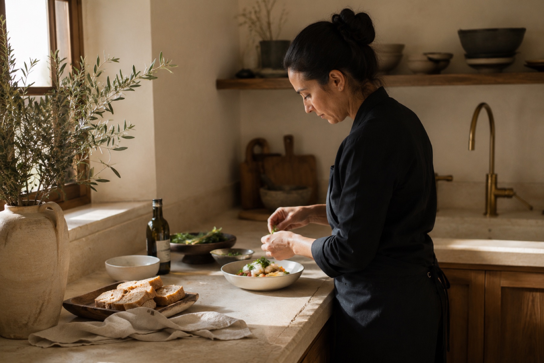 The cook finishing a dish with herbs in the estate kitchen