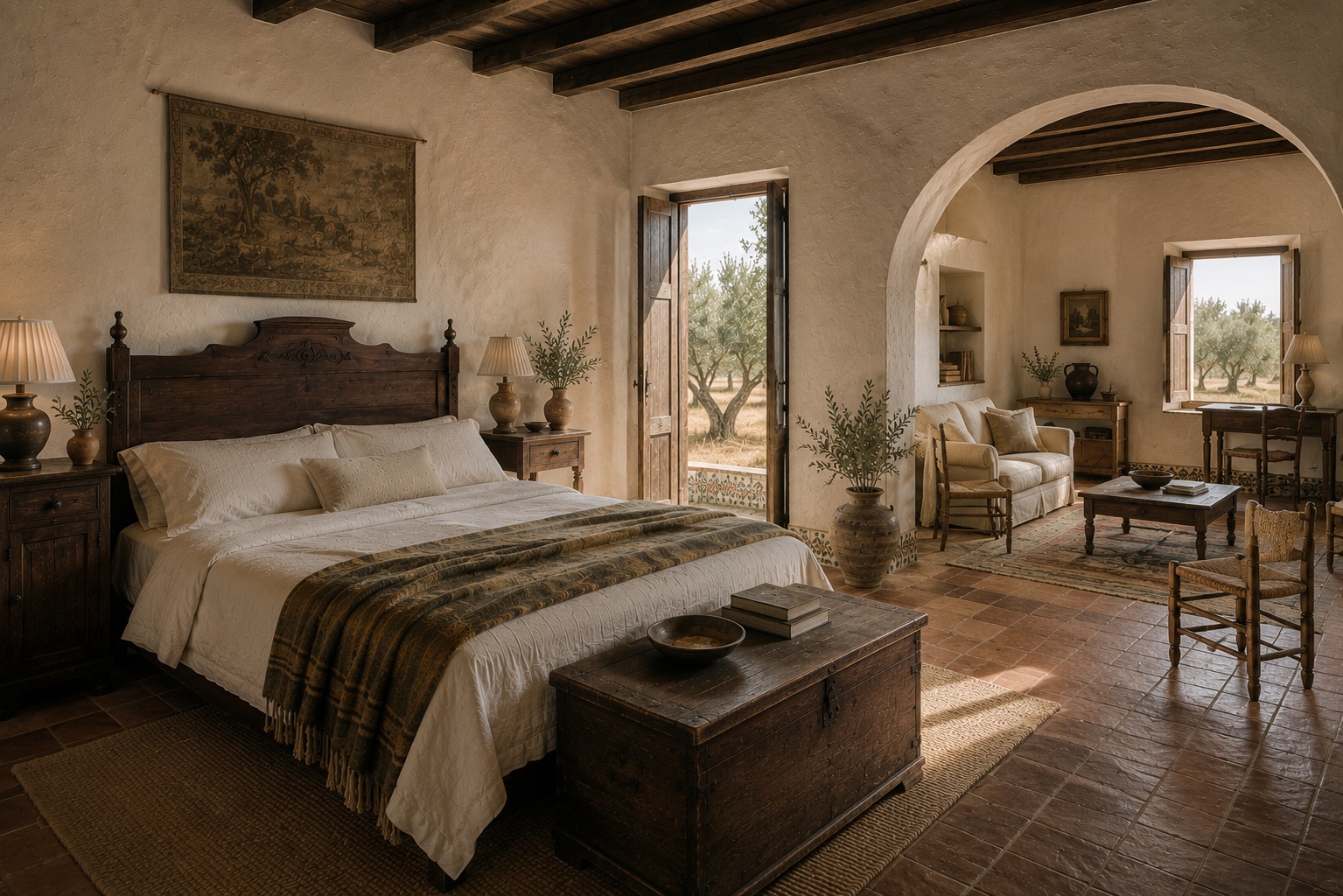 Former family apartment with an antique king bed, private salon, and windows across the olive grove
