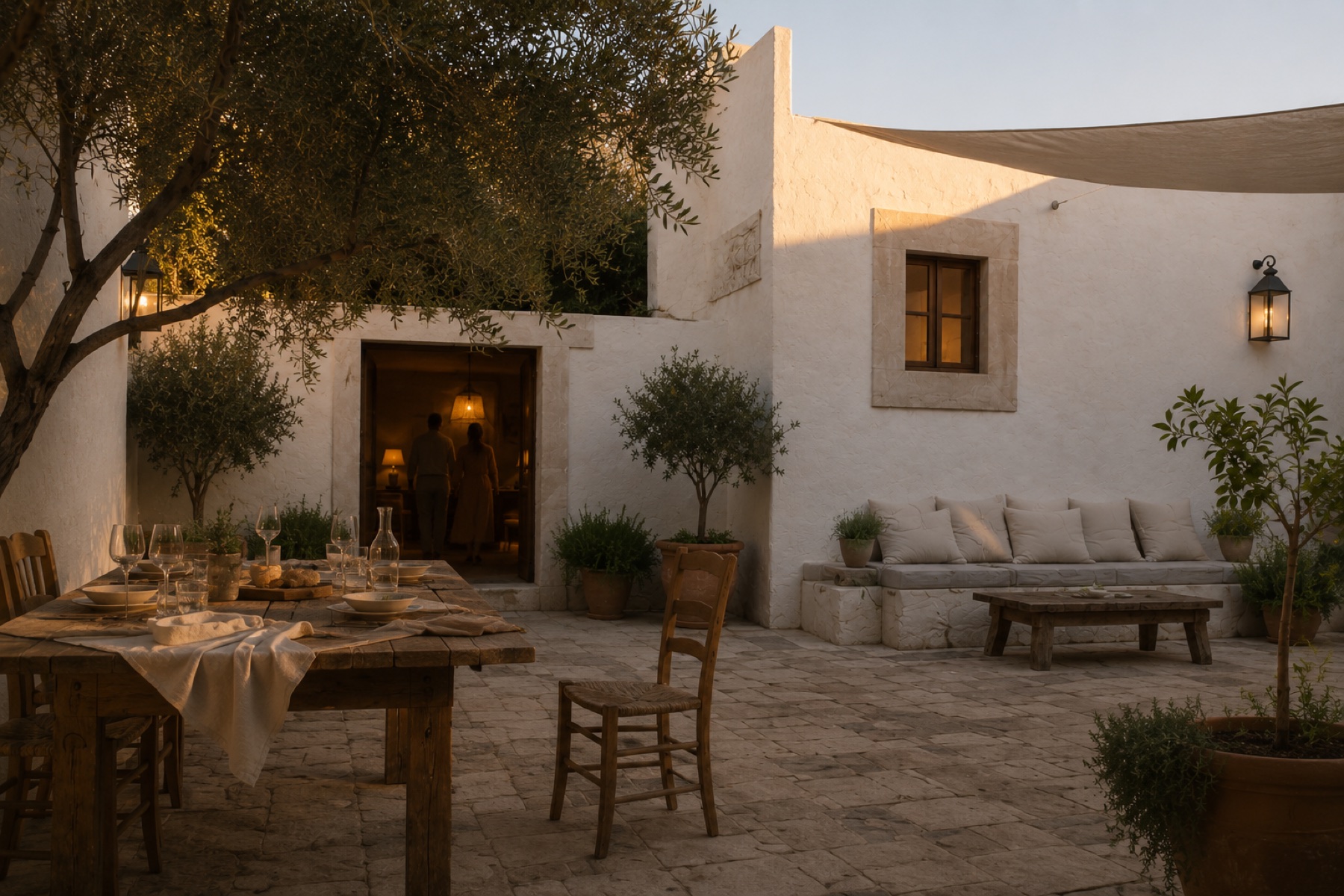 The courtyard long table at dusk as two guests move into the warmly lit house