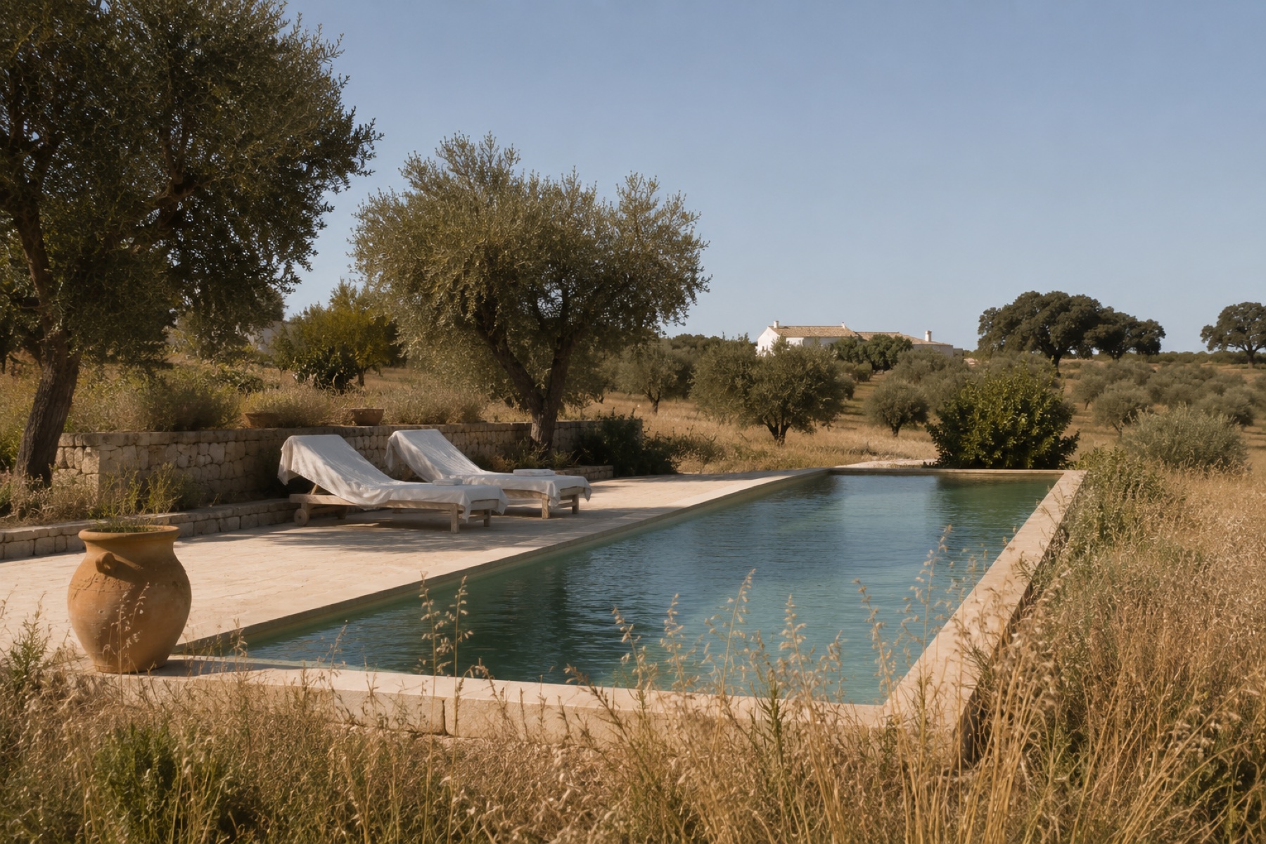 Wide view of the quiet pool set directly within the olive grove