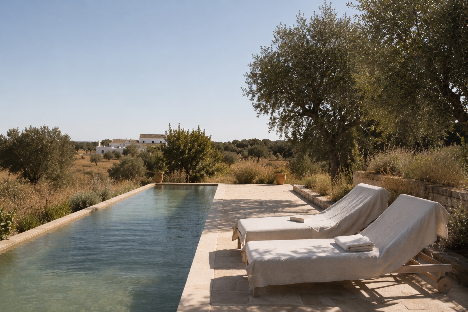 Narrow stone pool, two linen-covered loungers, and the olive estate in afternoon light